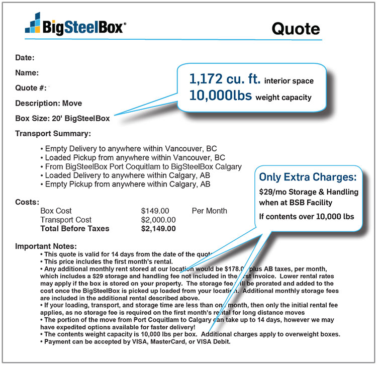 Sample BigSteelBox moving quote